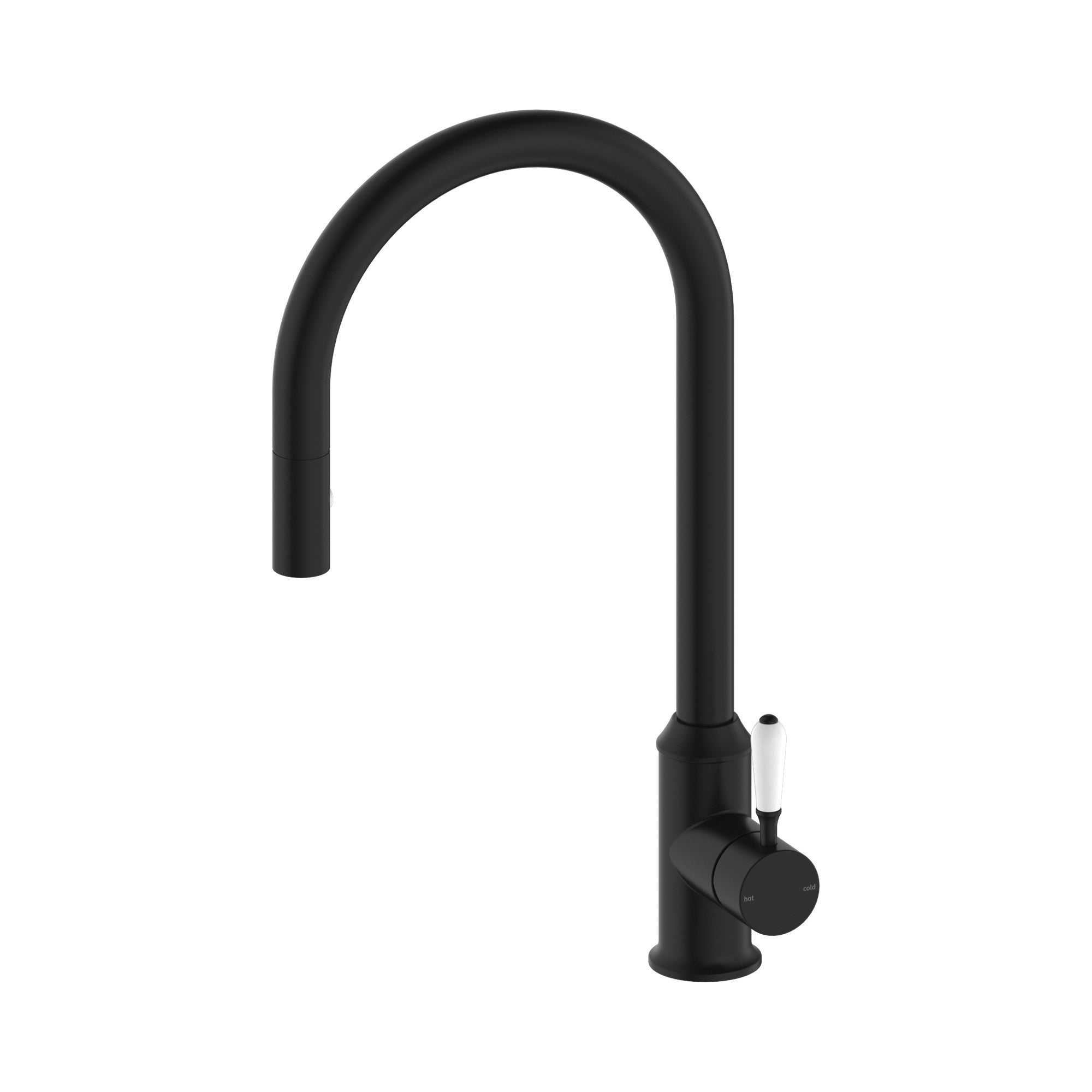 Nero York pull out sink mixer in matte black with white porcelain lever, shown on white background