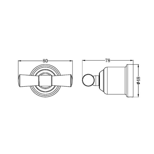 Technical drawing of Nero York robe hook, showing front and side views with 80mm width, 78mm projection and 48mm diameter