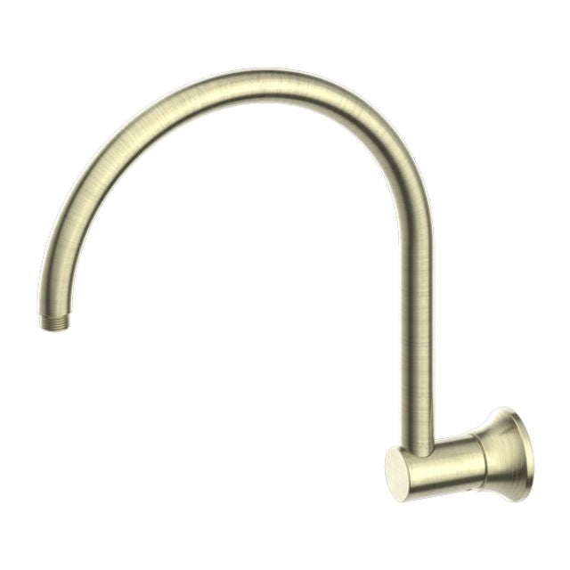 Nero York aged brass gooseneck shower arm with wall plate, side view on white background