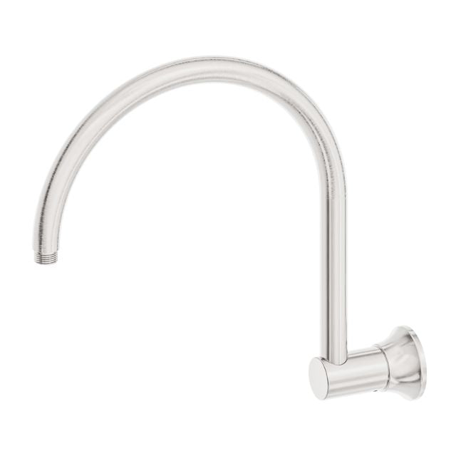Nero York brushed nickel shower arm, wall-mounted curved brass arm with round flange on white background