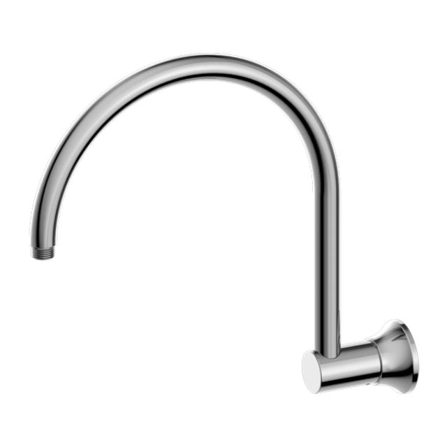 Nero York chrome gooseneck shower arm with wall plate, shown on white background