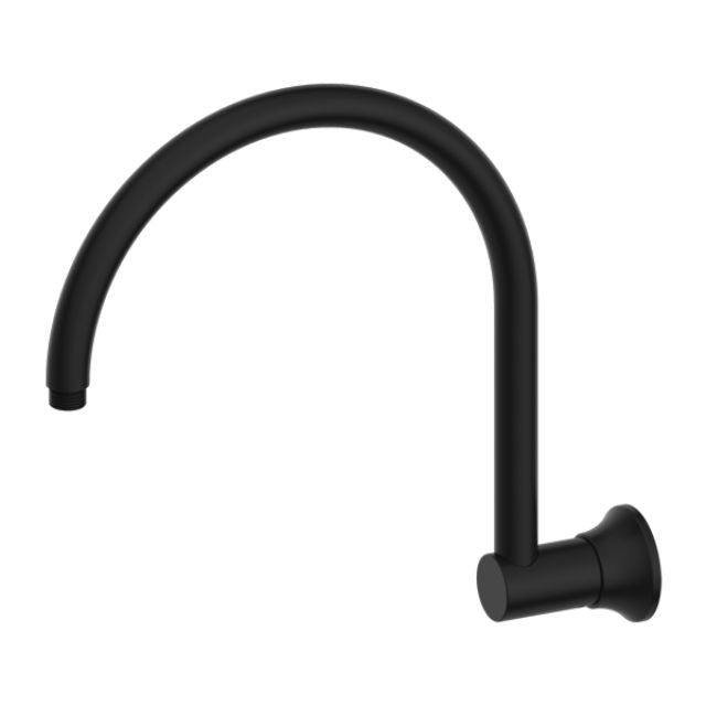 Nero York wall-mounted shower arm in matte black, curved gooseneck brass finish with round wall plate
