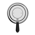 Nero York shower mixer in chrome with black porcelain lever, front view, wall-mounted round tap trim