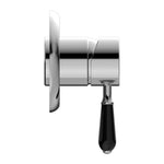 Nero York shower mixer in chrome with black porcelain lever, side view, wall-mounted round wall plate