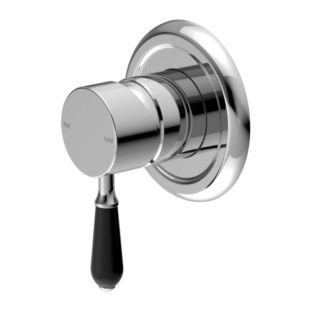 Nero York shower mixer tap in chrome with black porcelain lever, wall-mounted round trim, front view