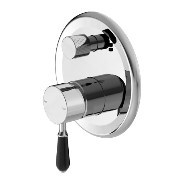 Nero York chrome shower mixer with diverter and black porcelain lever, wall-mounted round plate