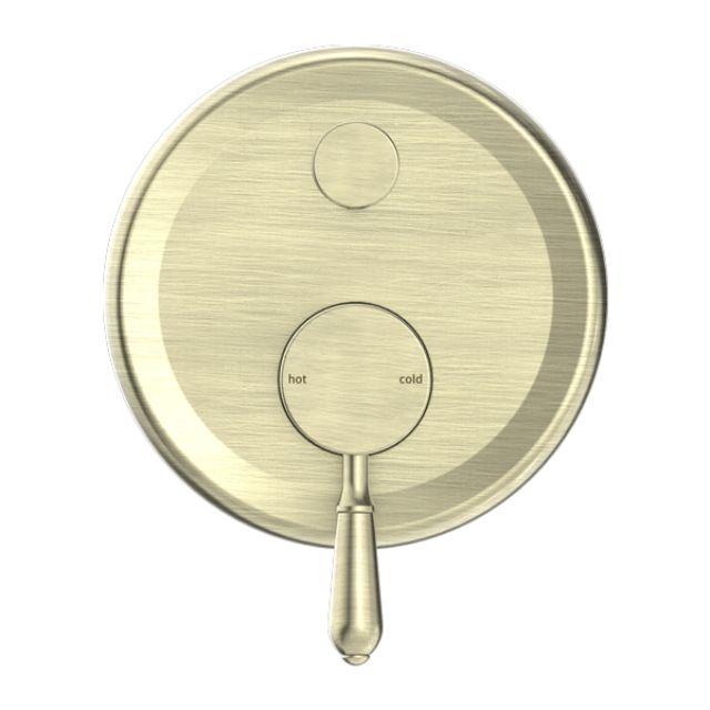 Nero York aged brass shower mixer with diverter, round wall plate and metal lever handle, front view