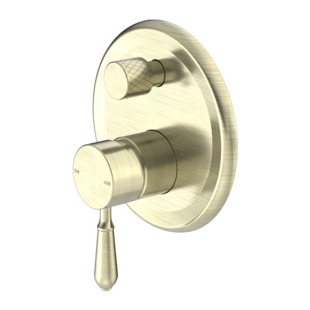 Nero York aged brass shower mixer with diverter, round wall plate and metal lever handle