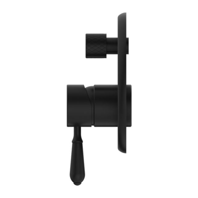 Nero York wall-mounted shower mixer with diverter, matte black, metal lever and round plate, side view