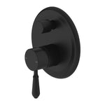 Nero York matte black wall-mounted shower mixer with diverter and metal lever, round plate front view