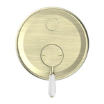 Nero York shower mixer with diverter in aged brass, round wall plate and white porcelain lever