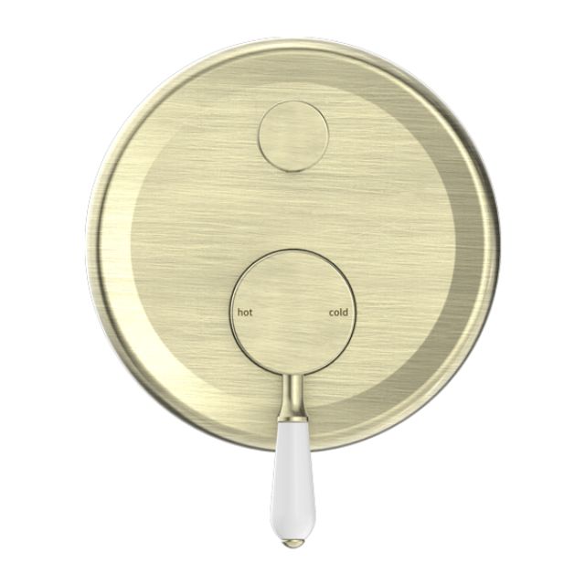Nero York shower mixer with diverter in aged brass, round wall plate and white porcelain lever
