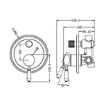 Technical drawing of Nero York shower mixer with diverter, aged brass, white porcelain lever, wall-mounted round plate.