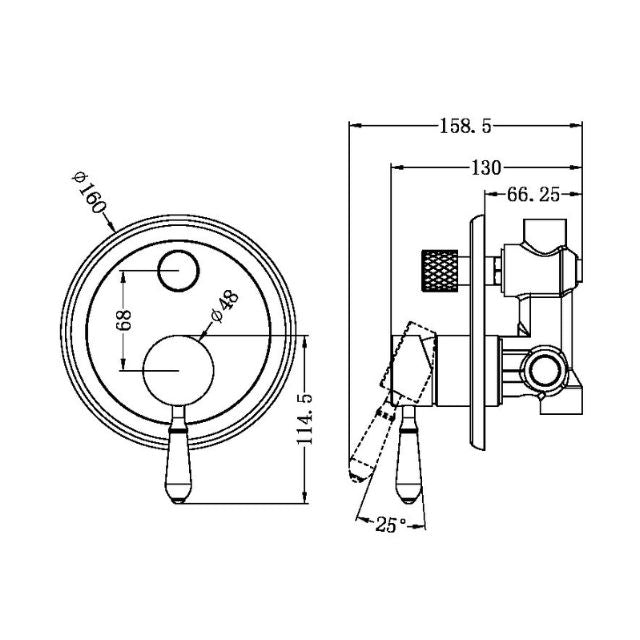 Technical drawing of Nero York shower mixer with diverter, aged brass, white porcelain lever, wall-mounted round plate.