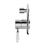 Nero York shower mixer with diverter, chrome wall-mounted tap with white porcelain lever and textured handle side view