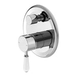 Nero York shower mixer with diverter, chrome wall-mounted tap with white porcelain lever and oval backplate