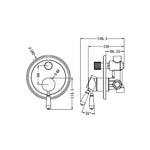 Nero York brushed nickel shower mixer with diverter technical drawing, wall-mounted round plate and metal lever, front and side views