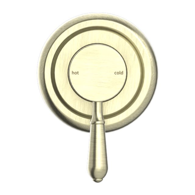 Nero York wall-mounted shower mixer in aged brass with metal lever handle and round plate, front view