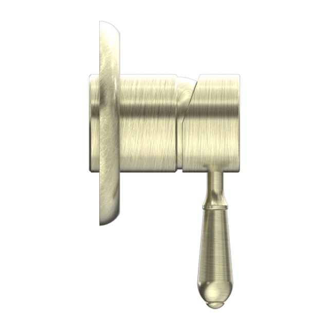 Nero York wall-mounted shower mixer in aged brass with metal lever handle, side view on white background