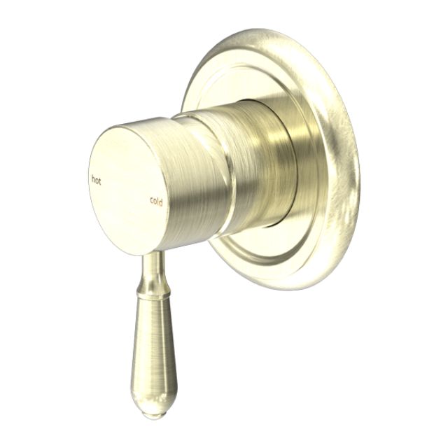 Nero York wall-mounted shower mixer in aged brass with metal lever handle and round plate