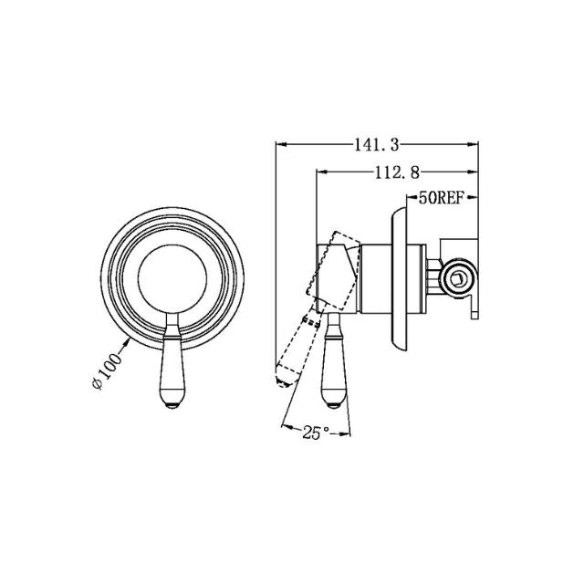 Technical drawing of Nero York wall-mounted shower mixer, brushed nickel, with round 100mm plate and dimensions shown