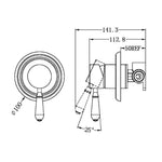Nero York chrome shower mixer technical drawing with wall-mounted round plate and metal lever, front and side views with dimensions
