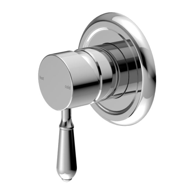 Nero York chrome shower mixer with metal lever, wall-mounted round tap trim side view
