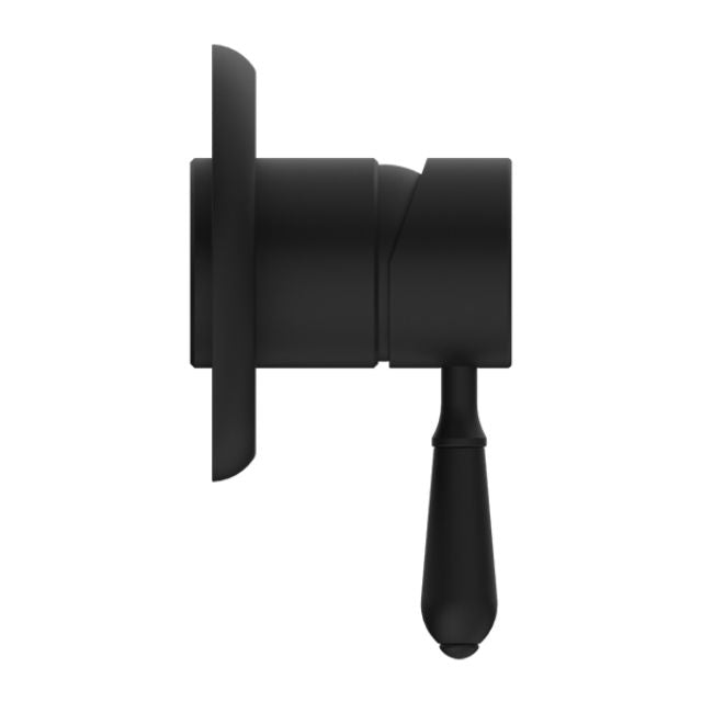 Nero York shower mixer in matte black with metal lever, wall-mounted side view on white background
