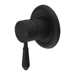 Nero York wall-mounted shower mixer in matte black with round plate and metal lever handle, front view