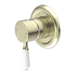 Nero York shower mixer in aged brass with white porcelain lever, wall-mounted round shower tap