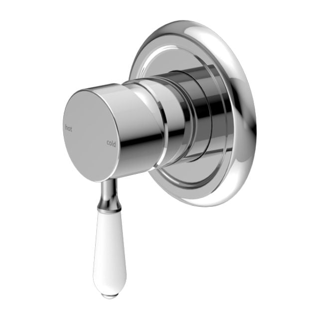 Nero York chrome shower mixer with white porcelain lever, wall-mounted round tap trim on white background