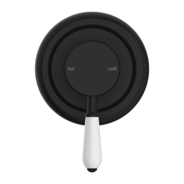 Nero York shower mixer in matte black with white porcelain lever, round wall plate, front view