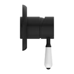 Nero York shower mixer in matte black with white porcelain lever, wall-mounted side view, Nero Tapware