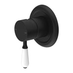 Nero York wall-mounted shower mixer in matte black with white porcelain lever, round plate