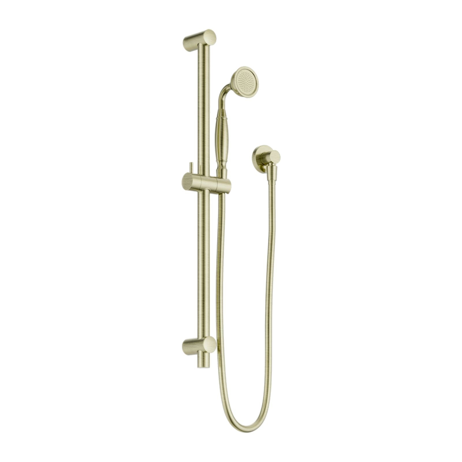 Nero York wall-mounted shower rail with metal hand shower in aged brass, shown on white background