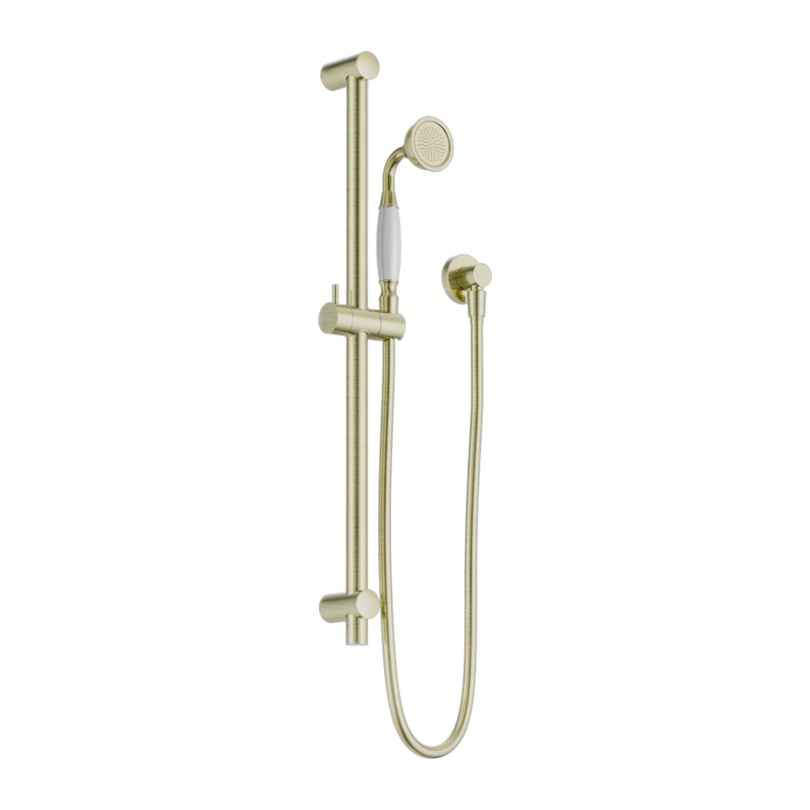 Nero York shower rail with white porcelain hand shower in aged brass, wall-mounted, with hose and adjustable rail