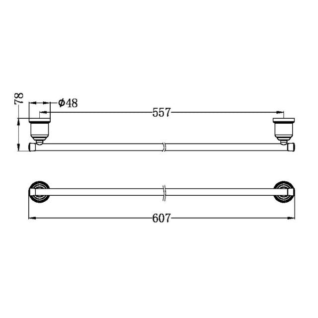 Technical drawing of Nero York single towel rail, showing aged brass rail dimensions 607mm overall and 557mm fixing distance