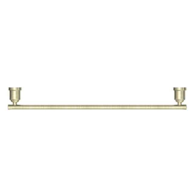 Nero York single towel rail 600mm in aged brass, front view, with round wall mounts and slim bar