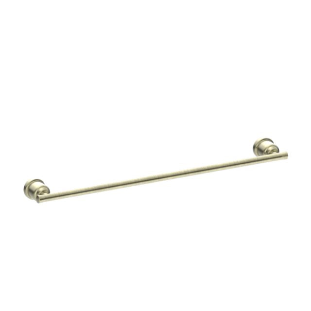 Nero York single towel rail 600mm in aged brass, wall-mounted with round fittings, shown on white background