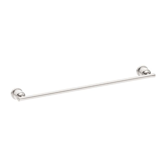 Nero York single towel rail, 600mm, brushed nickel finish, wall-mounted with round brackets on a white background