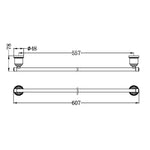 Technical drawing of Nero York single towel rail, chrome, showing 607mm overall length and 557mm fixing distance