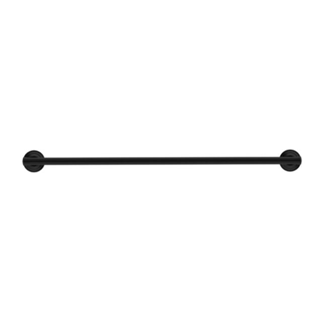Nero York single towel rail 600mm in matte black, shown front on with round wall mounts