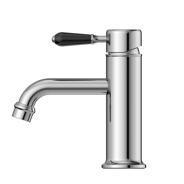 Nero York straight basin mixer in chrome with black porcelain lever, side view on white background