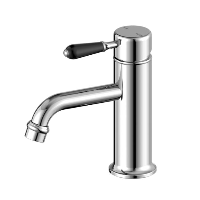 Nero York straight basin mixer in chrome with black porcelain lever, side view on white background