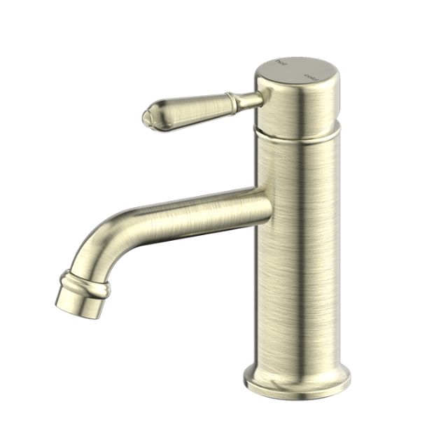Nero York straight basin mixer in aged brass with metal lever, shown front on on a white background