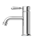 Nero York straight basin mixer tap with metal lever, chrome finish, side view on white background