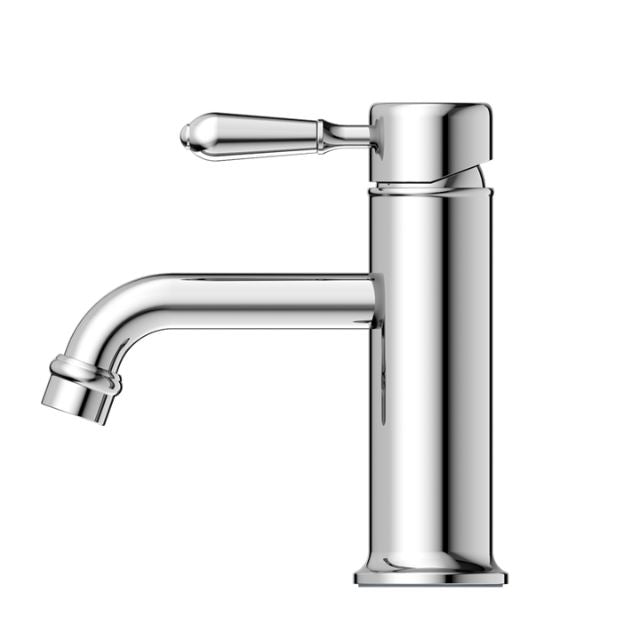 Nero York straight basin mixer tap with metal lever, chrome finish, side view on white background