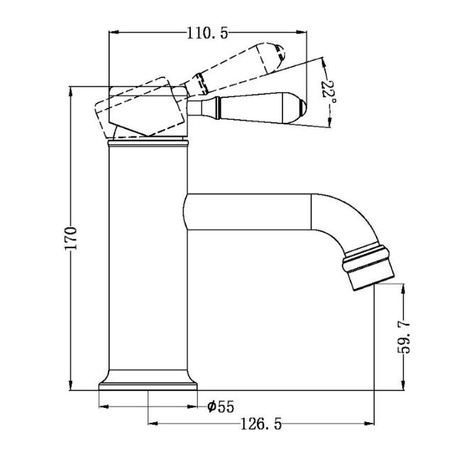 Nero York straight basin mixer tap technical drawing in chrome, showing dimensions and side profile with metal lever and curved spout