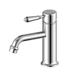 Nero York chrome basin mixer tap with straight spout and metal lever, side view on white background