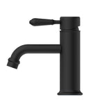 Nero York straight basin mixer tap in matte black with metal lever, side view on white background